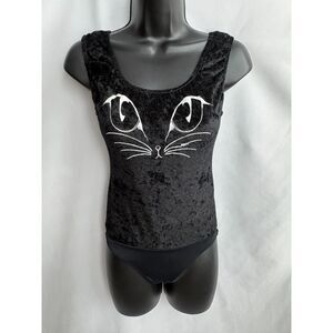 Private Arts Black Velvet Bodysuit Cat Face Size S Sexy Costume Top Scoop Neck